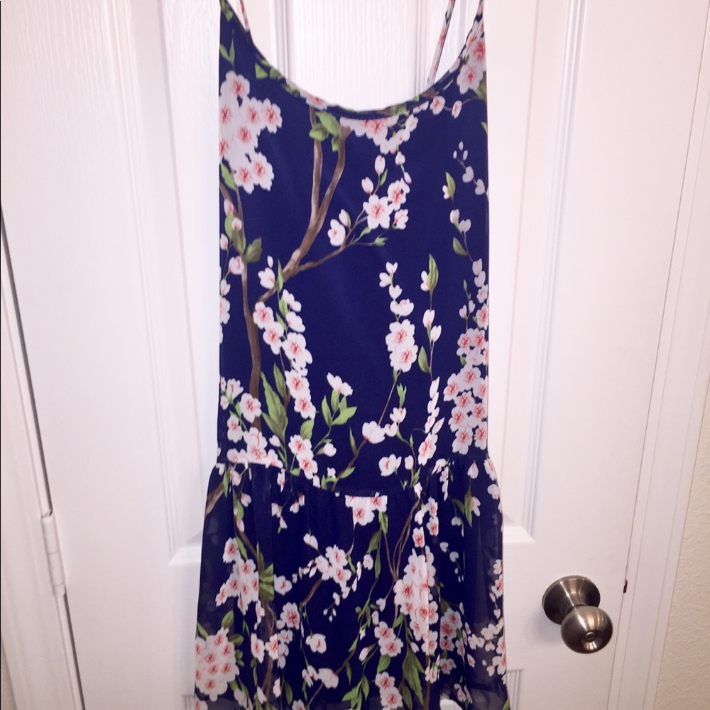 Navy Blue Floral Sun Dress w/ Crossing Back Straps